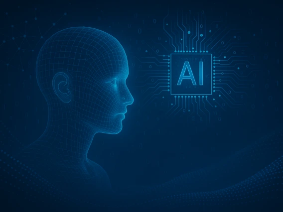 Computer generated image of a human face in profile looking at a computer chip imprinted with "AI"